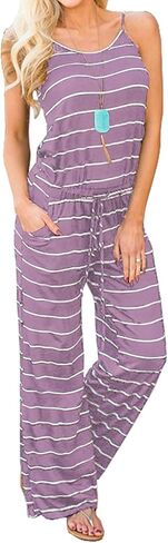 Artfish Women Casual Sleeveless Spaghetti Strap Striped Lounge Pajama Jumpsuit in Saudi Arabia