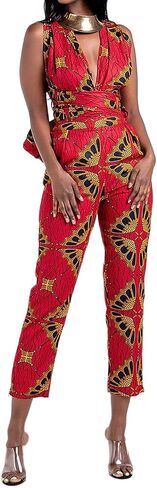 Vimoisa Women Sexy Boho African Jumpsuits Printing Rompers V-Neck Multi-Way Wide Leg Pants in Kuwait