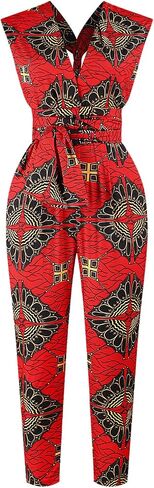 Vimoisa Women Sexy Boho African Jumpsuits Printing Rompers V-Neck Multi-Way Wide Leg Pants in Kuwait