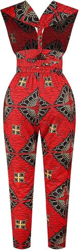Vimoisa Women Sexy Boho African Jumpsuits Printing Rompers V-Neck Multi-Way Wide Leg Pants in Kuwait