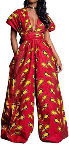 Vimoisa Women Sexy Boho African Jumpsuits Printing Rompers V-Neck Multi-Way Wide Leg Pants in Kuwait