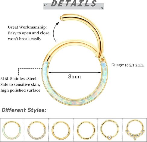 THUNARAZ 316L Surgical Steel Hinged Nose Rings Hoop 16G 18G Septum Rings for Women Men Clicker Cartilage Earrings Daith Helix Hoop Tragus Conch Piercing Jewelry 8mm 10mm in Kuwait