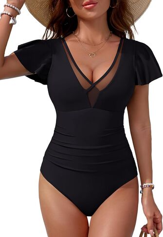 BMJL Women's Tummy Control Swimsuits Slimming Mesh Sheer Bathing Suit Ruffle V Neck One Piece Swimwear in Saudi Arabia