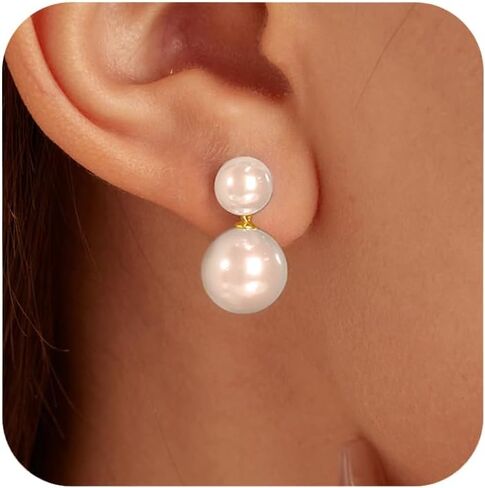 Double Bead Pearl Earrings for Women Girls 925 Sterling Silver Gold Big Pearl Lightweight Ball Stud Earrings Trendy Dangle Drop Earrings Bridal Wedding Jewelry Birthday Graduation Gift for Her in Saudi Arabia