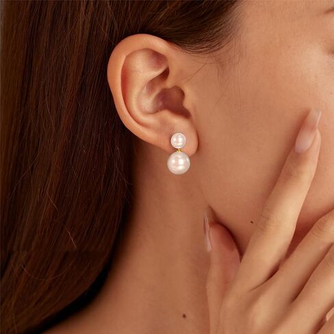 Double Bead Pearl Earrings for Women Girls 925 Sterling Silver Gold Big Pearl Lightweight Ball Stud Earrings Trendy Dangle Drop Earrings Bridal Wedding Jewelry Birthday Graduation Gift for Her in Saudi Arabia