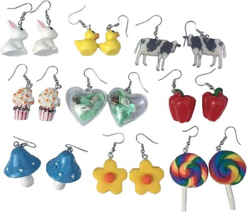 11 Pairs Funny Gummy Bear Mushroom Strawberry Dangle Earrings Set Dainty Cloud Dinosaur Flower Fruit Duck Ice Cream Earrings for Women Girls Jewelry in Saudi Arabia