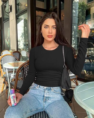 OQQ Womens Shirts Long Sleeve Crew Neck Ruched Stretch Basic Fitted Tee Shirts Tops in Saudi Arabia