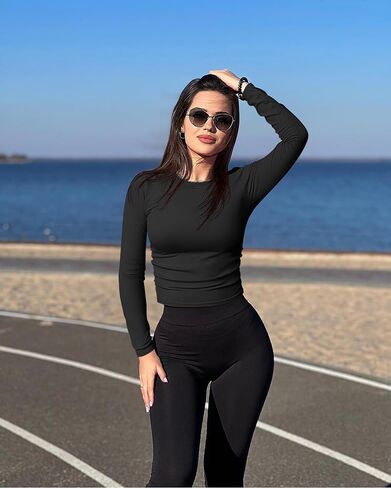 OQQ Womens Shirts Long Sleeve Crew Neck Ruched Stretch Basic Fitted Tee Shirts Tops in Saudi Arabia