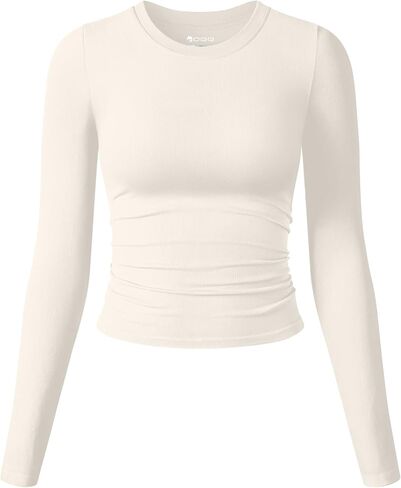 OQQ Womens Shirts Long Sleeve Crew Neck Ruched Stretch Basic Fitted Tee Shirts Tops in Saudi Arabia