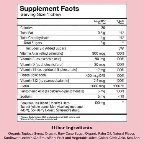 Chewsy Beautiful Hair Chews, Promotes Stronger, Healthier Hair, Biotin, Vitamins C, A, B12, D3, Goji Berry for All Hair Types Individually Wrapped Hair Vitamin Fruity Chews, 30-Day Supply in Saudi Arabia