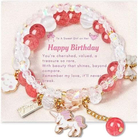 5-13 Year Old Girl Birthday Gifts, 3PCS Cute Unicorn Bracelets Set with Necklace Birthday Bracelets Charm Bracelets Pink Crystal Bead Elastic Bracelets Birthday Christmas Jewelry Present for Daughter Niece Granddaughter Girl in Saudi Arabia