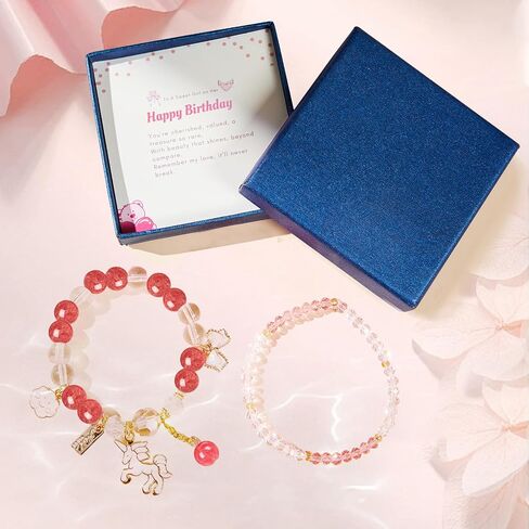 5-13 Year Old Girl Birthday Gifts, 3PCS Cute Unicorn Bracelets Set with Necklace Birthday Bracelets Charm Bracelets Pink Crystal Bead Elastic Bracelets Birthday Christmas Jewelry Present for Daughter Niece Granddaughter Girl in Saudi Arabia
