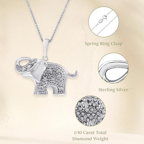Sterling Silver 1/10cttw Natural Round-Cut Diamond (J-K Color, I2-I3 Clarity) Elephant Pendant-Necklace,18" in Kuwait