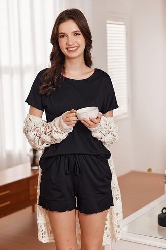 Ekouaer طقم بيجامات نسائي صيفي قصير الأكمام شورت صالة مجموعات ملابس نوم ناعمة قطعتين ملابس نوم مع جيوب in Saudi Arabia