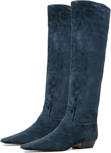 MOOMMO Women Flat Heel Knee High Boots Square Toe Pull On Long Boots Suede Slouch Low Heel Dress Boots Wide Calf Pleated Knee High Tall Boots Comfort Vintage Casual Walking Party 4-11 M US in Kuwait