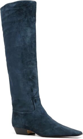 MOOMMO Women Flat Heel Knee High Boots Square Toe Pull On Long Boots Suede Slouch Low Heel Dress Boots Wide Calf Pleated Knee High Tall Boots Comfort Vintage Casual Walking Party 4-11 M US in Kuwait