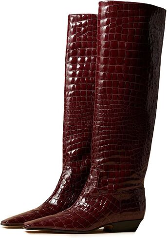 MOOMMO Women Flat Heel Knee High Boots Square Toe Pull On Long Boots Suede Slouch Low Heel Dress Boots Wide Calf Pleated Knee High Tall Boots Comfort Vintage Casual Walking Party 4-11 M US in Kuwait