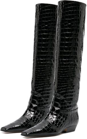 MOOMMO Women Flat Heel Knee High Boots Square Toe Pull On Long Boots Suede Slouch Low Heel Dress Boots Wide Calf Pleated Knee High Tall Boots Comfort Vintage Casual Walking Party 4-11 M US in Kuwait
