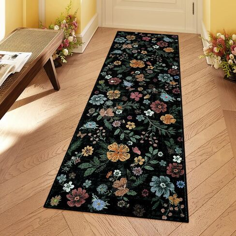 Kitchen Runner Rug Floral Hallway Runner Rug 2'x6', Boho Washable Runner Rug Non Slip with Rubber Backing, Black Soft Carpet Runners for Hallways Bedroom Entryway Laundry in Kuwait