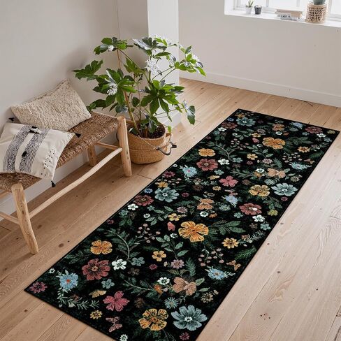 Kitchen Runner Rug Floral Hallway Runner Rug 2'x6', Boho Washable Runner Rug Non Slip with Rubber Backing, Black Soft Carpet Runners for Hallways Bedroom Entryway Laundry in Kuwait