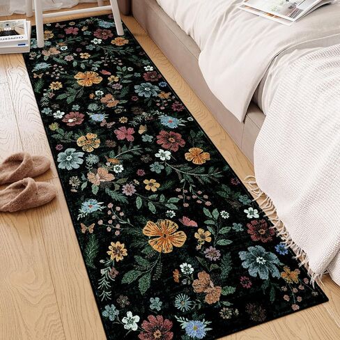 Kitchen Runner Rug Floral Hallway Runner Rug 2'x6', Boho Washable Runner Rug Non Slip with Rubber Backing, Black Soft Carpet Runners for Hallways Bedroom Entryway Laundry in Kuwait