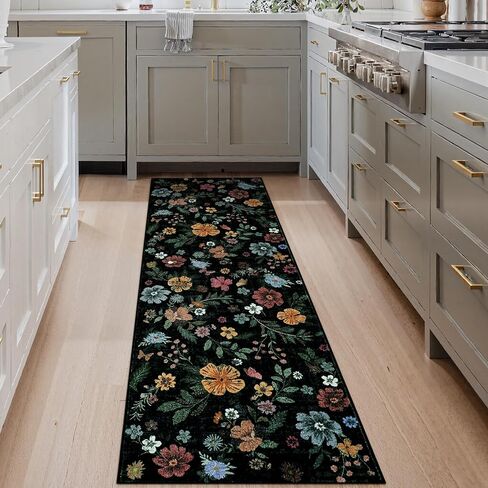 Kitchen Runner Rug Floral Hallway Runner Rug 2'x6', Boho Washable Runner Rug Non Slip with Rubber Backing, Black Soft Carpet Runners for Hallways Bedroom Entryway Laundry in Kuwait