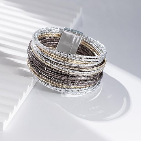 FANCY SHINY Boho Leather Bangle Bracelets Stackable Layer Wrap Strand Bracelets with Magnetic Clasp Handmade Trendy Jewelry for Women in Saudi Arabia