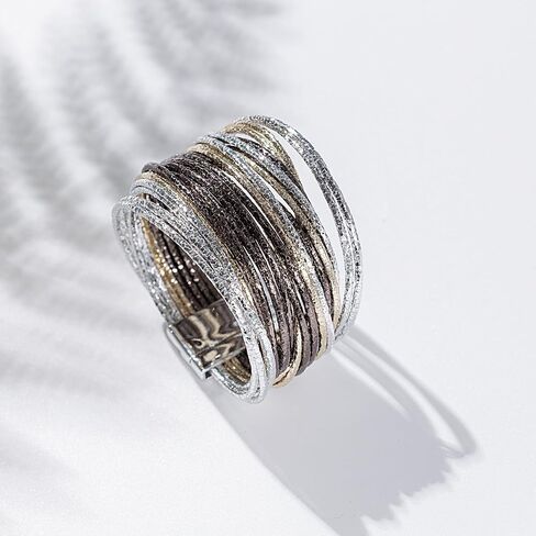 FANCY SHINY Boho Leather Bangle Bracelets Stackable Layer Wrap Strand Bracelets with Magnetic Clasp Handmade Trendy Jewelry for Women in Saudi Arabia
