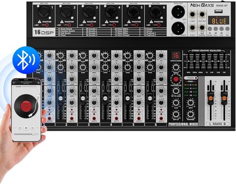 Professional Audio Mixer, 4 Channel Audio Interface Sound Board Mixing Console System Monitor, NEW BAXS 16-Bit DSP DJ Bluetooth Mixer +48V Phantom Effect For Karaoke Studio Streaming Recording in Saudi Arabia