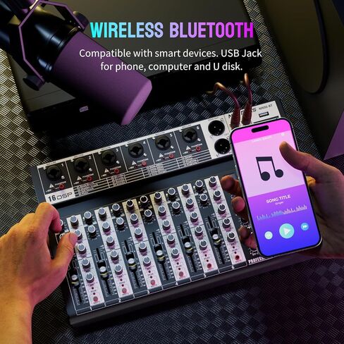 Professional Audio Mixer, 4 Channel Audio Interface Sound Board Mixing Console System Monitor, NEW BAXS 16-Bit DSP DJ Bluetooth Mixer +48V Phantom Effect For Karaoke Studio Streaming Recording in Saudi Arabia
