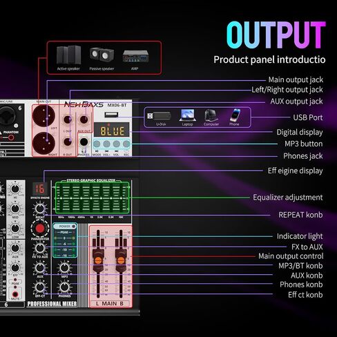 Professional Audio Mixer, 4 Channel Audio Interface Sound Board Mixing Console System Monitor, NEW BAXS 16-Bit DSP DJ Bluetooth Mixer +48V Phantom Effect For Karaoke Studio Streaming Recording in Saudi Arabia