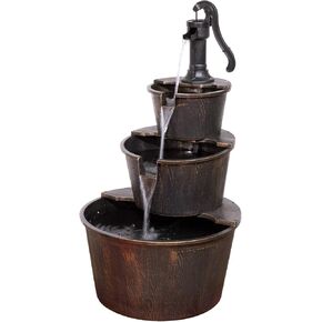 Alpine Corporation TEC234BR Outdoor Floor Tiered Rustic Pump and Barrel Water Fountain, Old-Fashioned Waterfall, 40", Brown