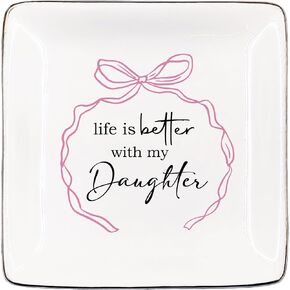 Pink Bow Daughter gifts Jewelry Dish Tray, Life Is Better with My Daughter Ring Dish Gifts, Mother Daughter Gift, Graduation Birthday Ceramic Jewelry Tray for Rings & Earring Gifts for Daughter