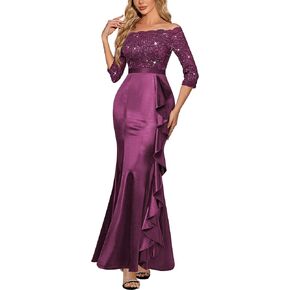 MISSMAY Women's Sexy Off Shoulder Floral Lace Formal Wedding Party Maxi Dress