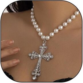 Y2K Goth Faith Cross Necklace with Faux Pearl Chain Double Layers Long Tassels Cross Pendant Necklace