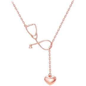 Fashion Jewelry Gold Rose Gold Silver Plated Stethoscope Lariat Necklace,Heart and Stethoscope Pendant Doctor Nurse Jewelry Gift (Silver)