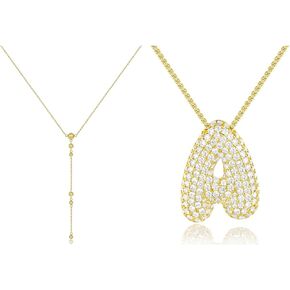 KissYan Bubble Letter Necklace Gold A with Gold Lariat Necklace