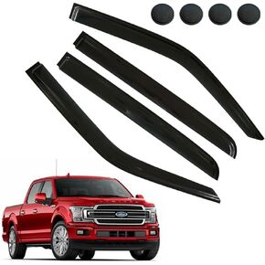 Rain Guards for Ford F150 SuperCrew 2015-2021 (Crew cab) XL XLT Lariat King Ranch, Tape-on Side Window Deflectors, Window Visors for Ford Trucks, Car Accessories 4 Rain Guards ＆ 4 Car Coasters