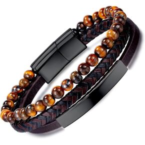Mens Leather Bracelet Bangle Tiger Eye Stone Beads Braided Genuine Brown Leather Bracelet for Men Vintage Jewelry