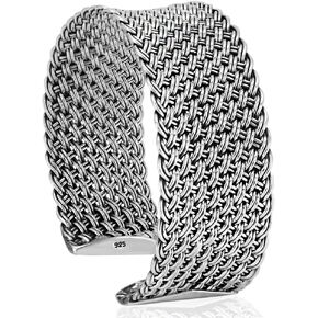 VY JEWELRY SHINING NET - 925 Sterling Silver Wide Cuff Bracelet for Men and Women - Made in Thailand