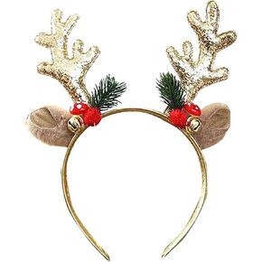 Gold Christmas Headbands Elk Antler Hair Bands Teddy Bear Ear Headband with Jingle Bells Glod Glitter Full Cover Hair Bands Christmas Headbands Holiday Party Gift for Women Girls