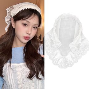 Hair Scarf Headband for Women Girls White Lace Head Kerchief Headband Soft Head Coverings Boho Triangle Bandana Turban Non Slip Hair Scarves Fashion Hair Accessories for Hair Styling Decor