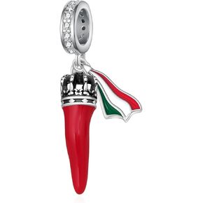 Italian Luck Charm - 925 Sterling Silver Red Italian Horn Charm Pendant, Cornicello Chili Pepper Dangling Bead