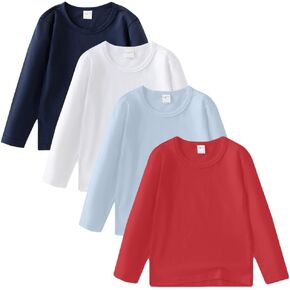 4 Pack Cotton Long Sleeve Tee Shirts for Boys and Girls Kids Toddlers' Basic Crewneck Tops T-Shirts