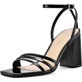 MIRAAZZURRA Strappy Chunky Heel Sandals Square Open Toe Block Heels with Ankle Strap for Women Comfortable Daily Party Dress Shoes