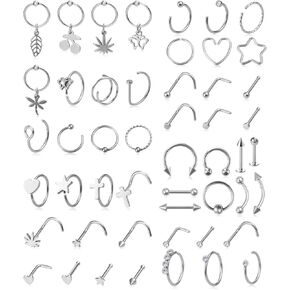 50Pcs Punk Eyebrow Nose Septum Earrings Tragus Cartilage Helix Daith Stud Lip Labret Rings Body Jewelry Set Stainless Steel Body Piercing Jewelry For Women Ornaments