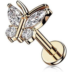 Pierced Owl 16GA 316L Stainless Steel CZ Crystal Butterfly Internally Threaded Flat Back Stud