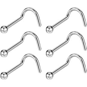 FANSING 6pcs 20 Gauge 6.5mm Surgical Steel Screw Nose Rings for Women 20g Nose Stud Piercing Jewelry for Nostril 2mm Ball Studs