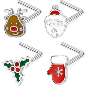 20G Christmas Nose Rings Pack Christmas Elements L-Shaped Nose Piercing Jewelry 316L Stainless Steel snowmen Nose Ring Stud Nostril Piercing Jewelry for Women,Men