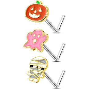 Jewseen 3PCS Halloween Nose Rings 20g Surgical Steel Nose Studs Ghost Pumpkin Gold Nose Studs Nose Piercing Jewelry for Women